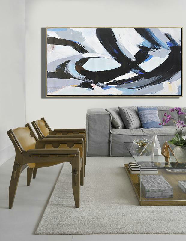 Handmade Large Painting,Horizontal Palette Knife Contemporary Art Panoramic Canvas Painting,Modern Paintings On Canvas,Black,White,Grey,Blue.etc